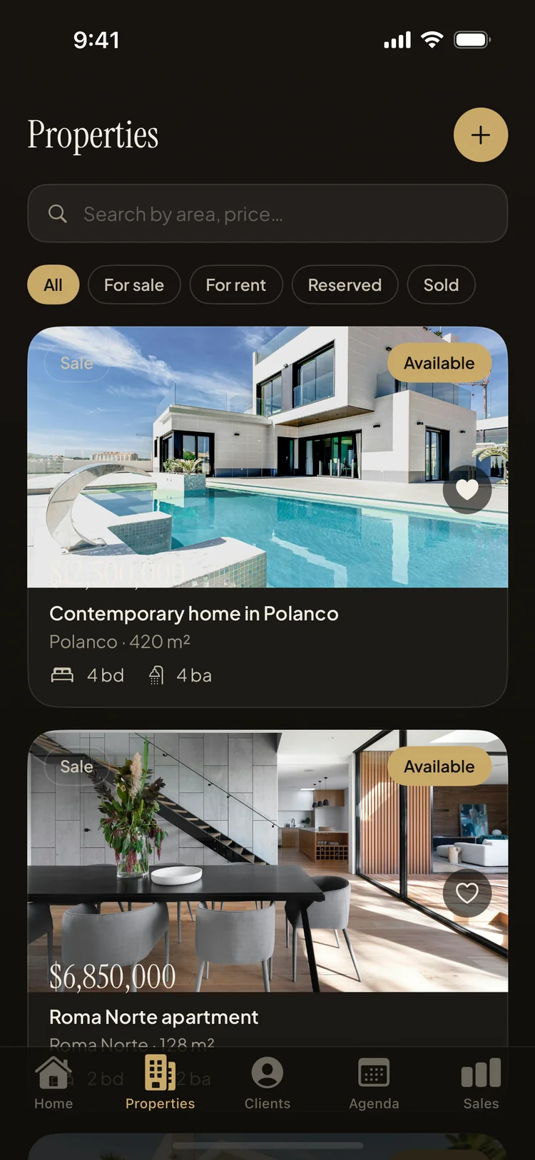 Property listings screen with photos, prices and status filters