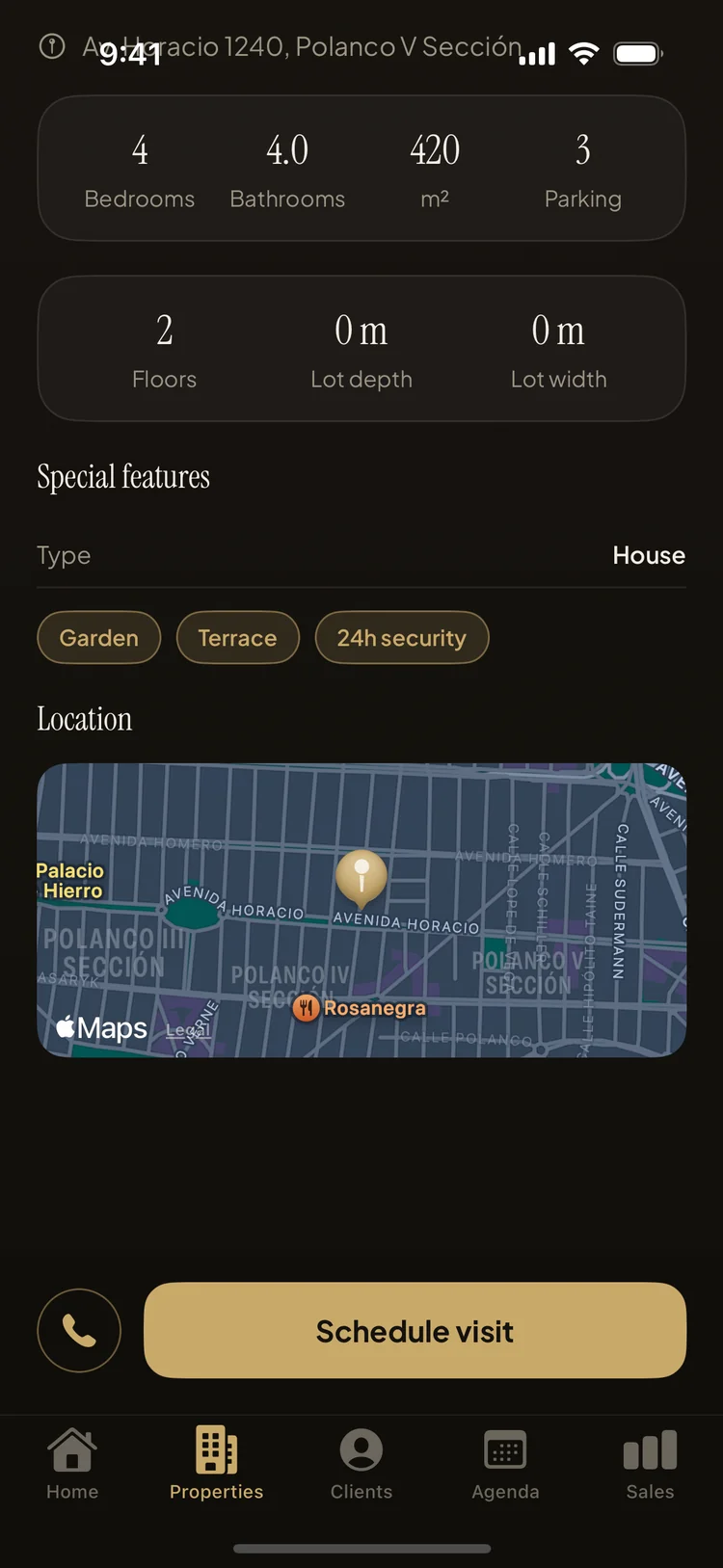 Property location on a map with directions handoff