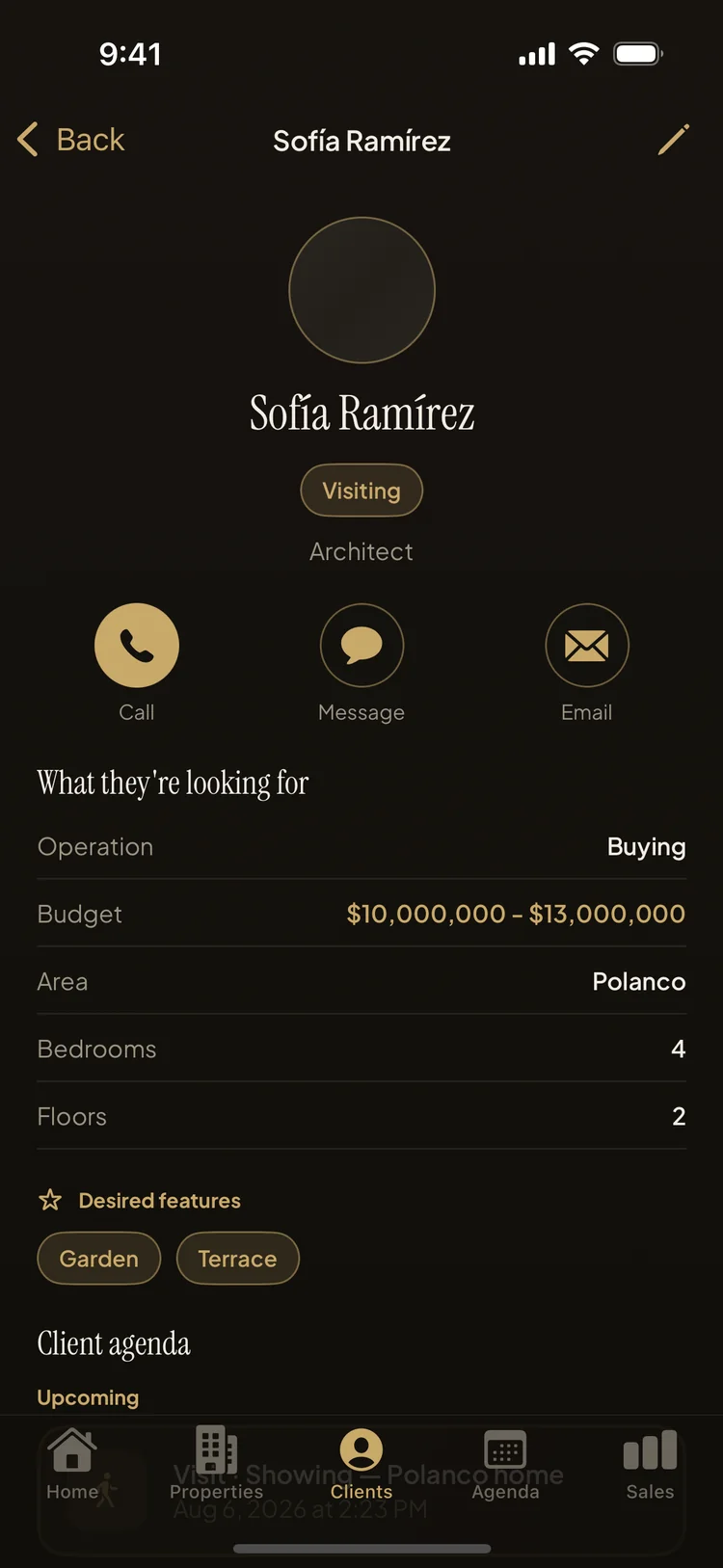 Client profile with contact actions and what they are looking for