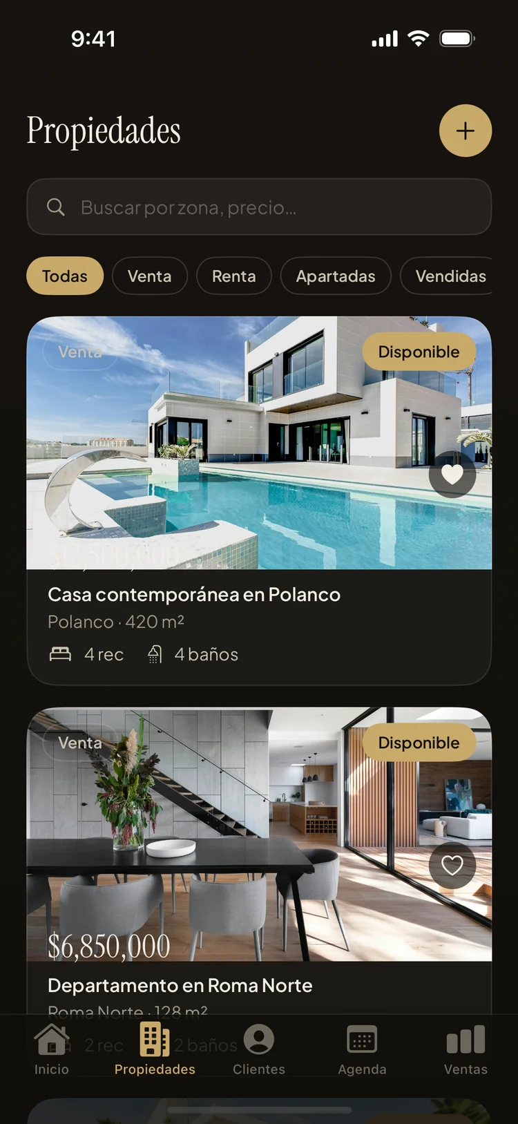 Inventario de propiedades con fotos, precios y filtros por estatus